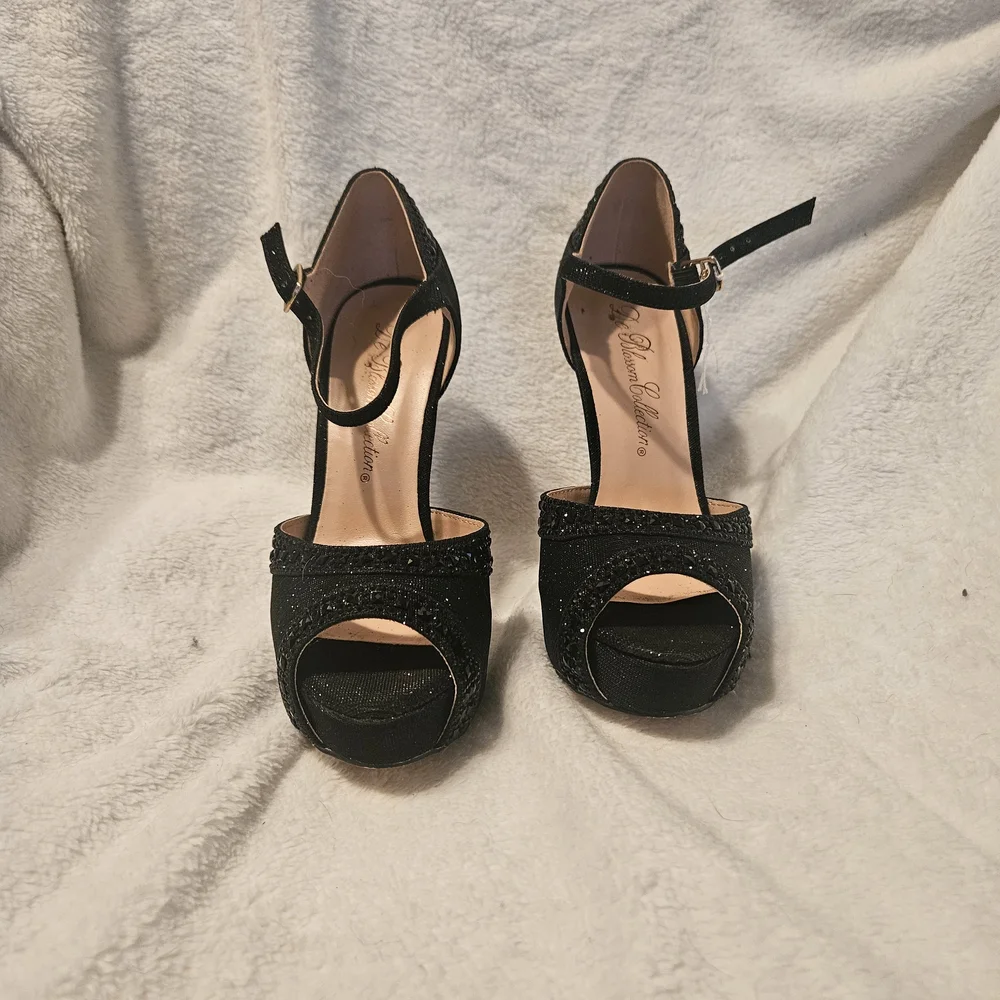 De Blossom Collection Sparkling Black Ankle Strap Heels